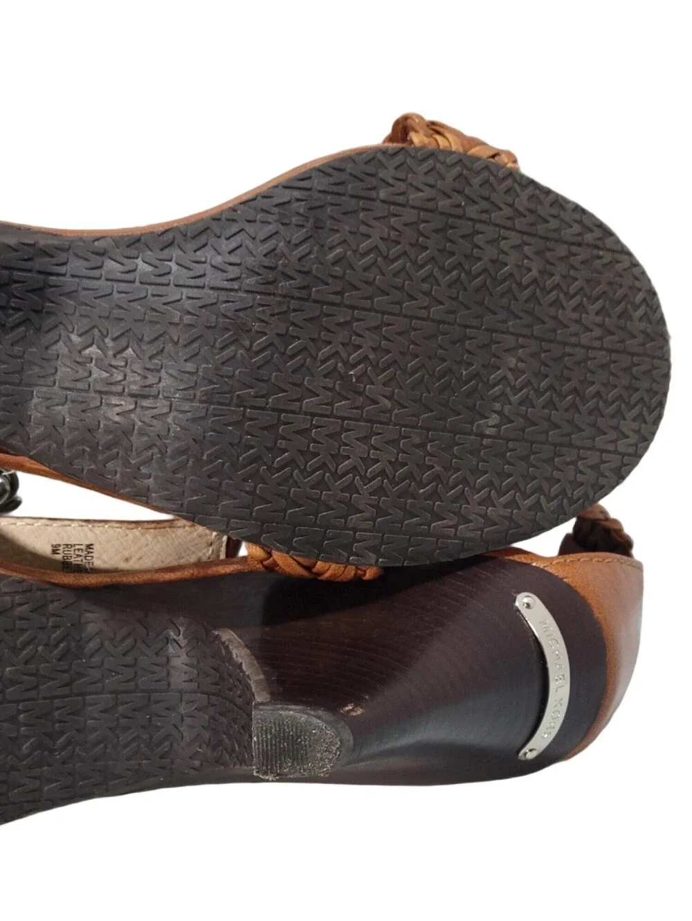 MICHAEL KORS LADIES BROWN BRADED LEATHER THONG HEELS ANKLE STRAP SIZE 9M